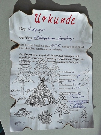 erfolgreiche Teilnahme am Hüttenbau im Wald